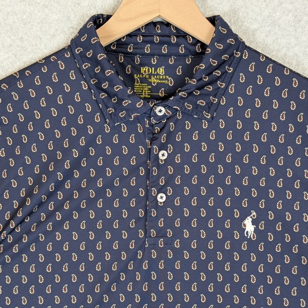 Polo Ralph Lauren Performance Polo Shirt Mens Large Navy Paisley Print Pony Golf
